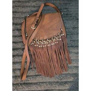 Madison West Boho Chic Brown Crossbody Bag with Fringe and Adjustable Strap